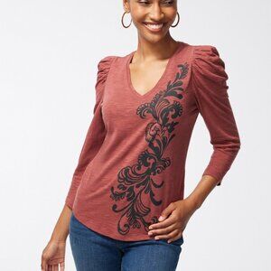 CHICO'S Scroll Print 3/4 Sleeve Romantic Tee (NWOT)